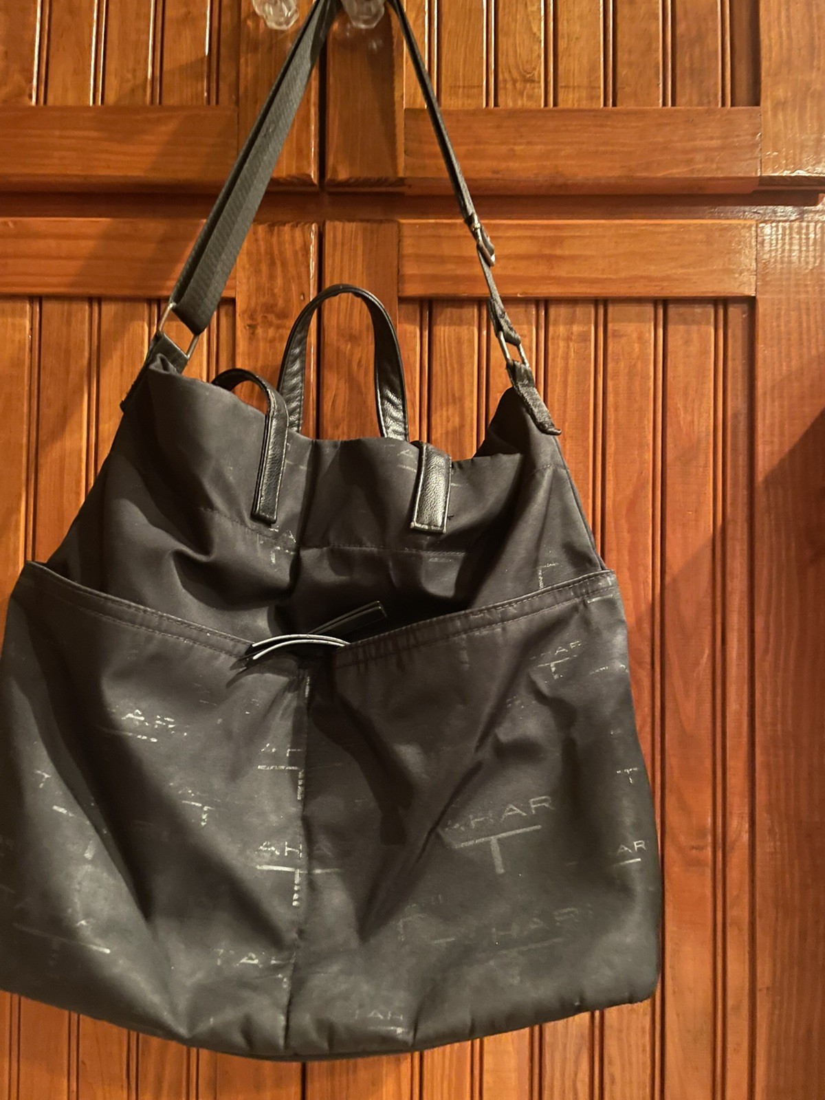 Tahari Nylon And Faux Leather Handbag Double Handle Zip Closure 16”X13”
