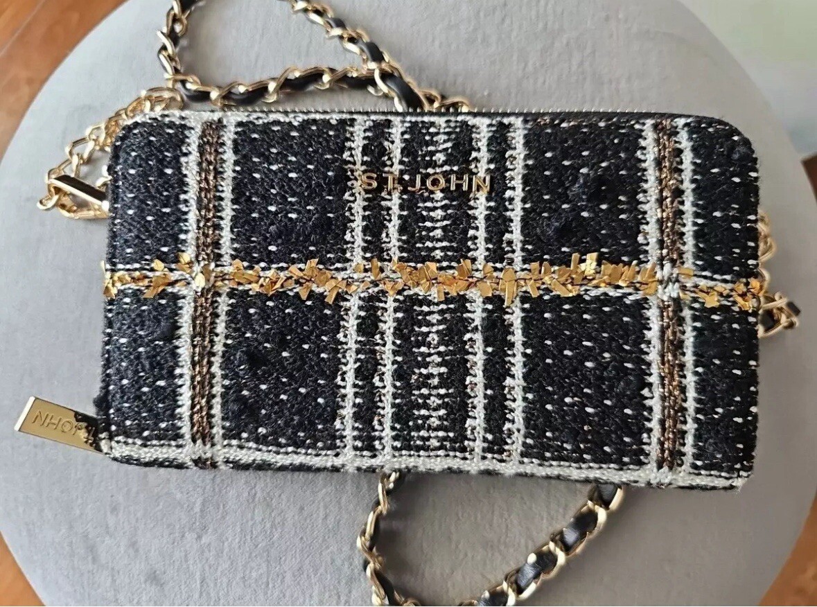 St John Black White Tweed Messenger Chain Link Strap Zipper ID Small Purse YJ01