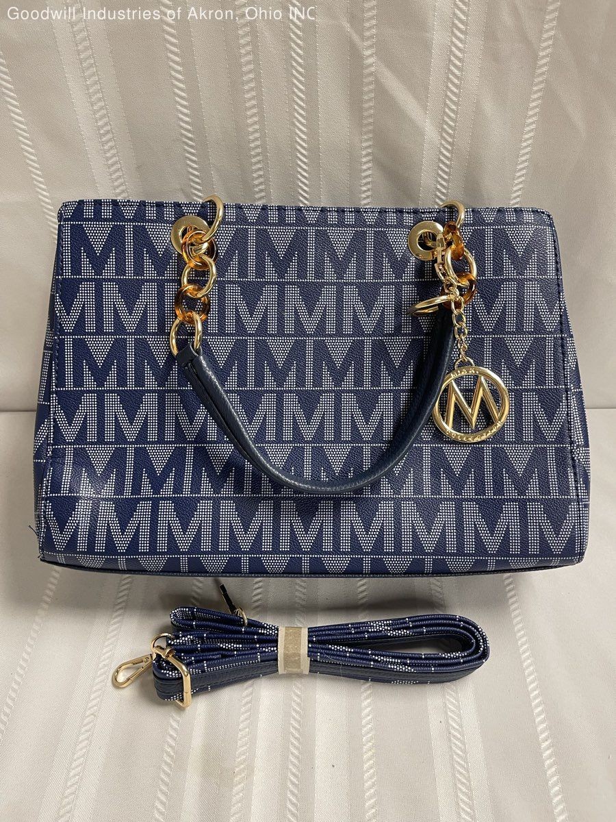 Mia K Collection Navy Blue Monogram Handbag Satchel Gold Hardware Strap
