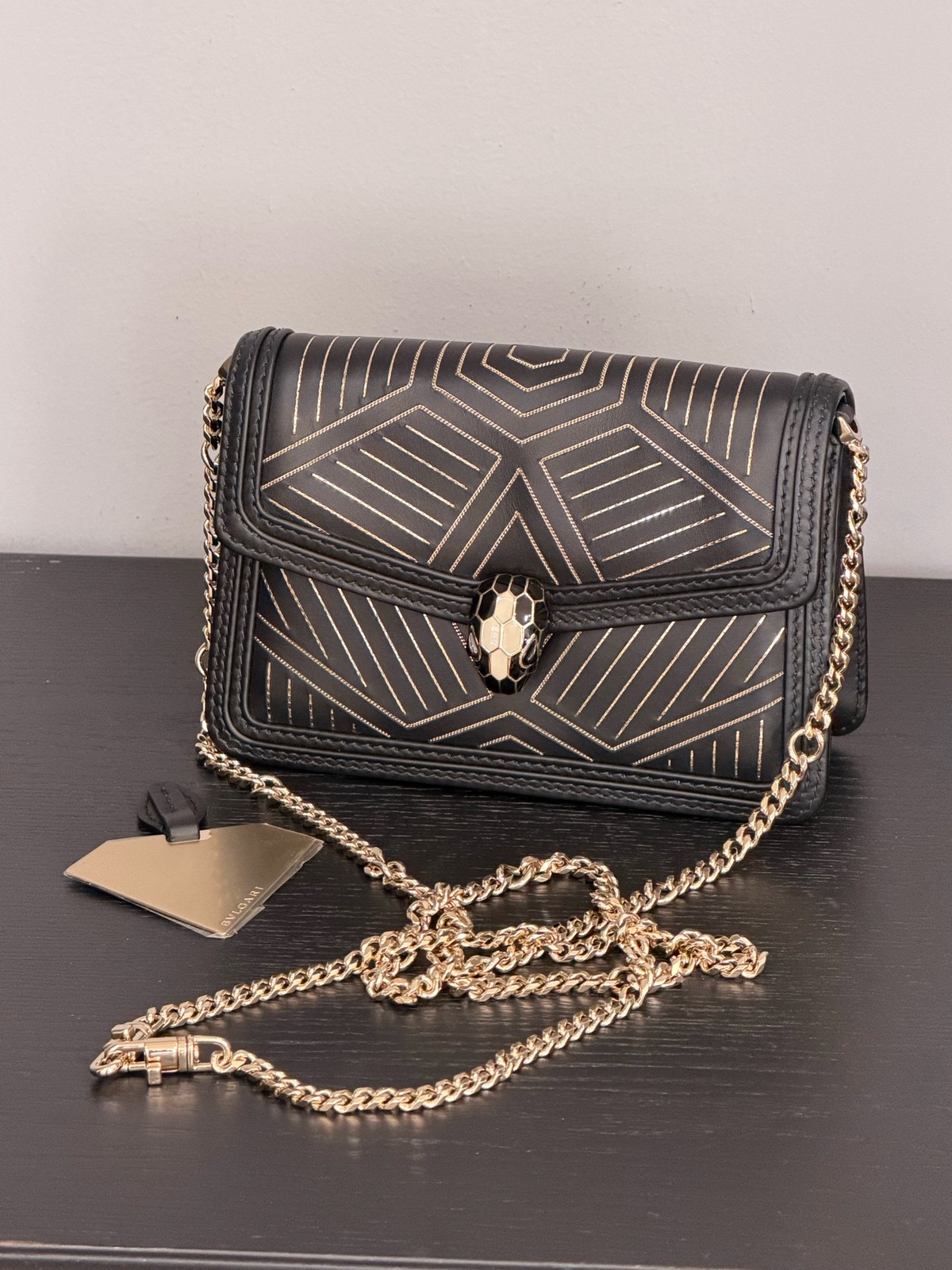 AUTH Bvlgari Serpenti Forever Black Gold Embroidered Small Crossbody Bag