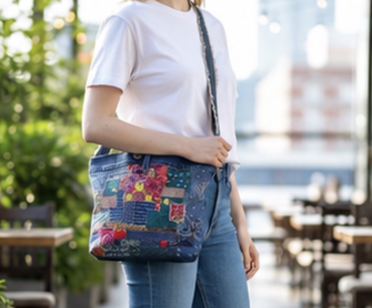 Denim Hand embroidery patchwork crossbody bag-Sashiko inspired one of a kind
