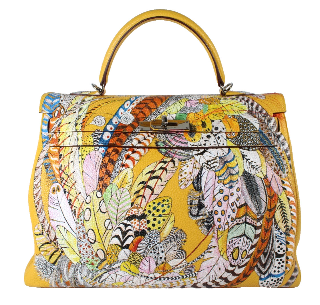HERMES Jaune d’Or Yellow Togo Leather Custom Painted KELLY 35 Bag w/Strap PHW