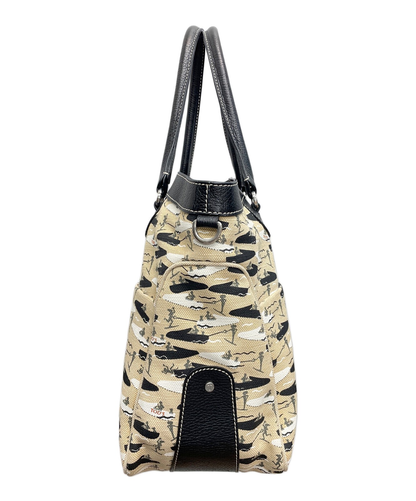 Tods Beige Canvas Leather Tote Boat Waterski Print Outer Pockets Sport Bag
