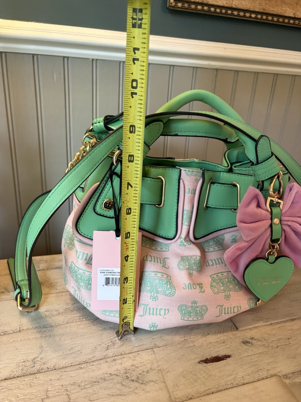 Juicy Fan Club Pink Diamond Retro Green Crossbody Crown Print Bow Charm NWT