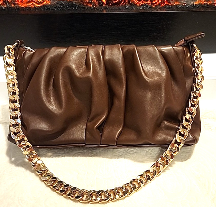 Madison West Brown Gold Tone Chain Strap Small Shoulder Evening Bag Purse