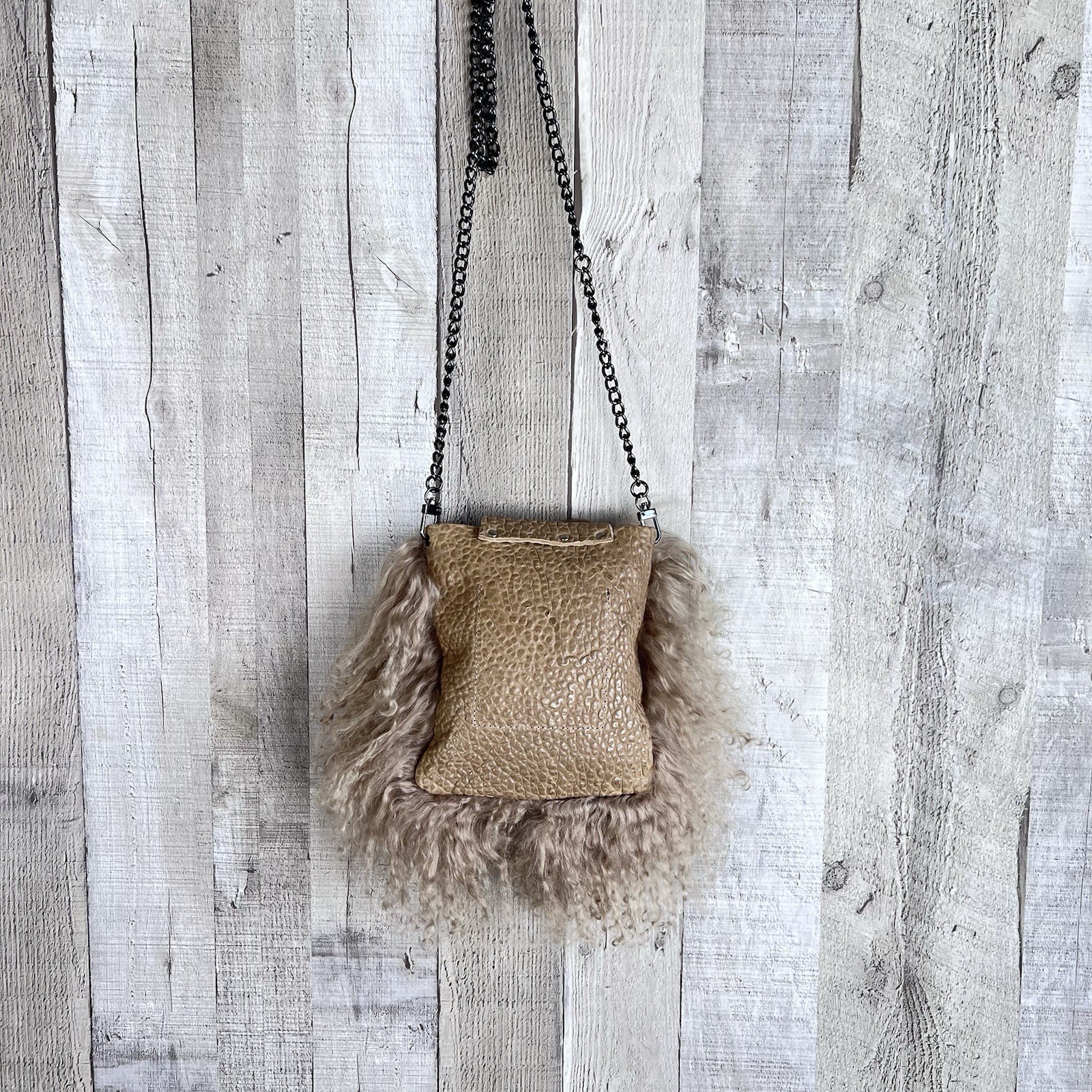 Evoke Real Lamb Mongolian Curly Fur Leather Purse Agate Stone Crossbody Chain