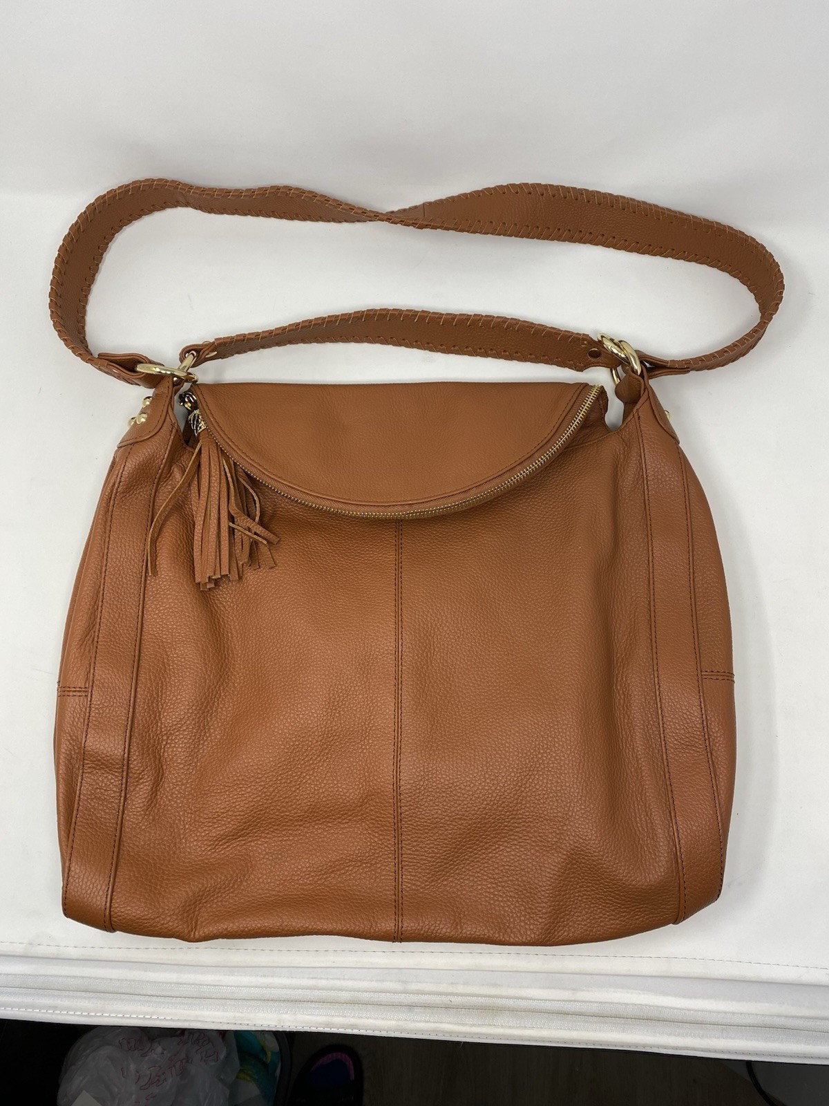Onna Ehrlich Large Brown Pebbled Leather Handbag Shoulder Hobo Purse Tassel