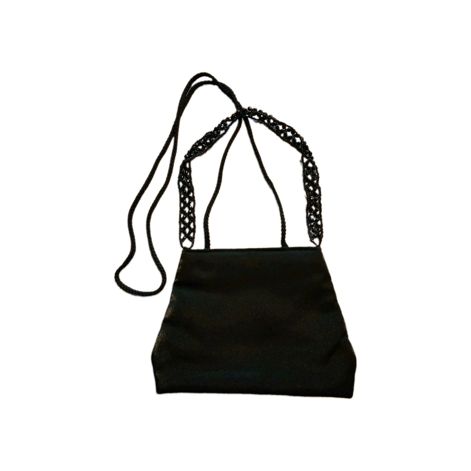 La Regale Black Evening Satin Sheen Bag With Beaded Strap and Long Strap