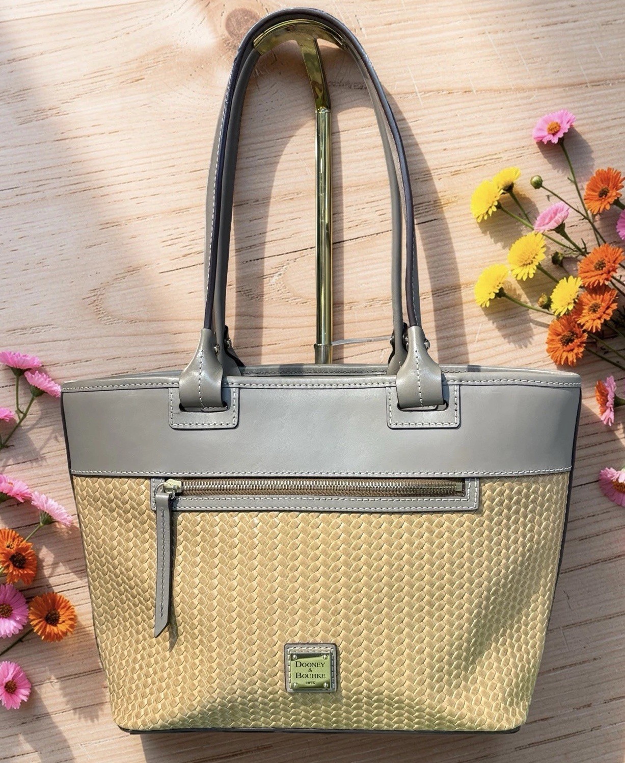 Dooney Bourke Beacon Taupe Gray Brown Woven Embossed Shopper Tote Smooth Leather
