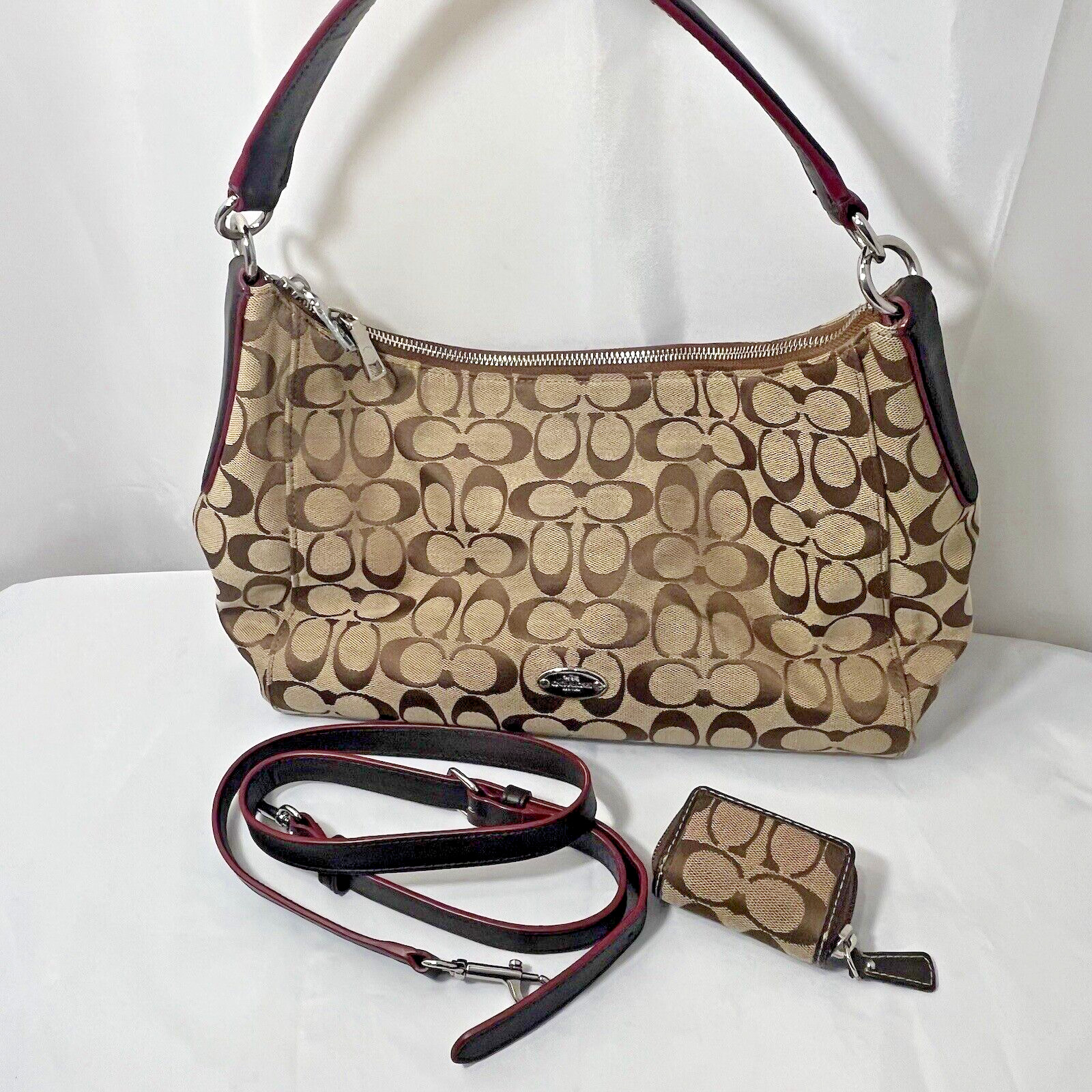 Coach Signature E/W Celeste Hobo Bag Red Accent Crossbody Strap Contact Case