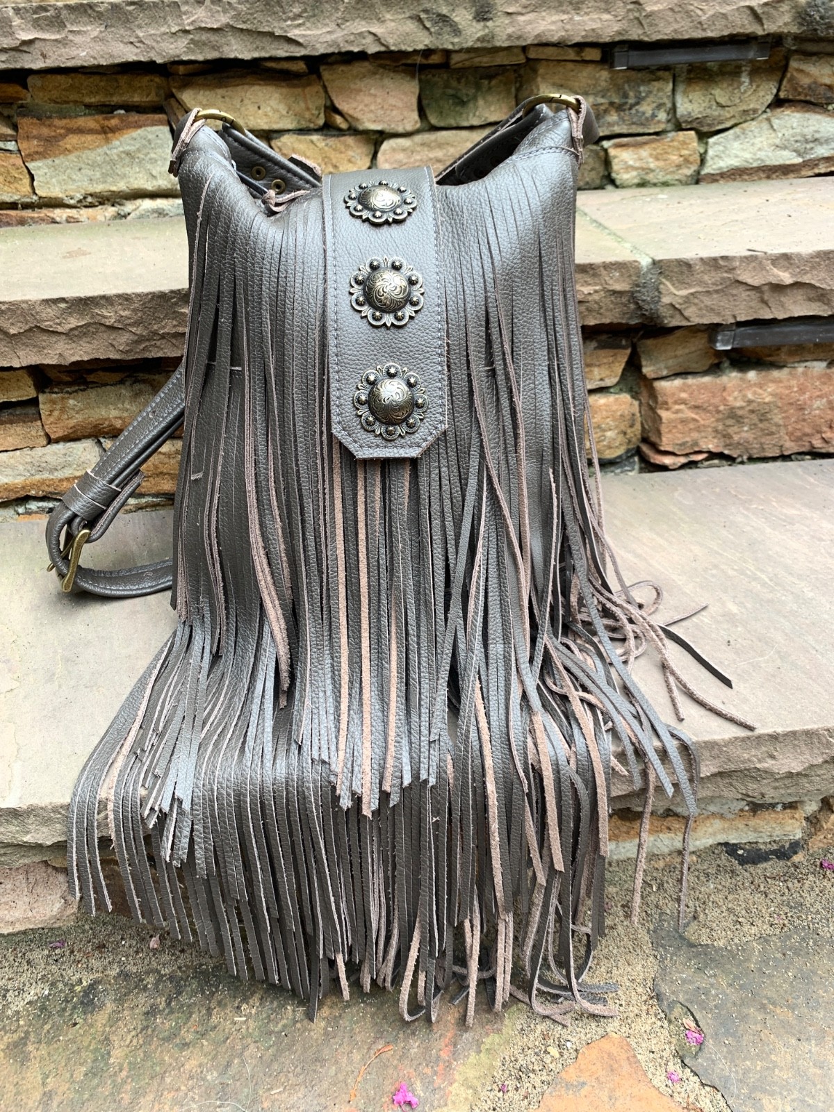 Taupe pebble leather boho Southwest festival LONG fringe crossbody bag