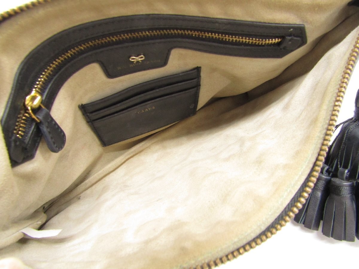 Anya Hindmarch Sticker Clutch Bag Black Leather 20cm×30cm Tassel Zipper Accent