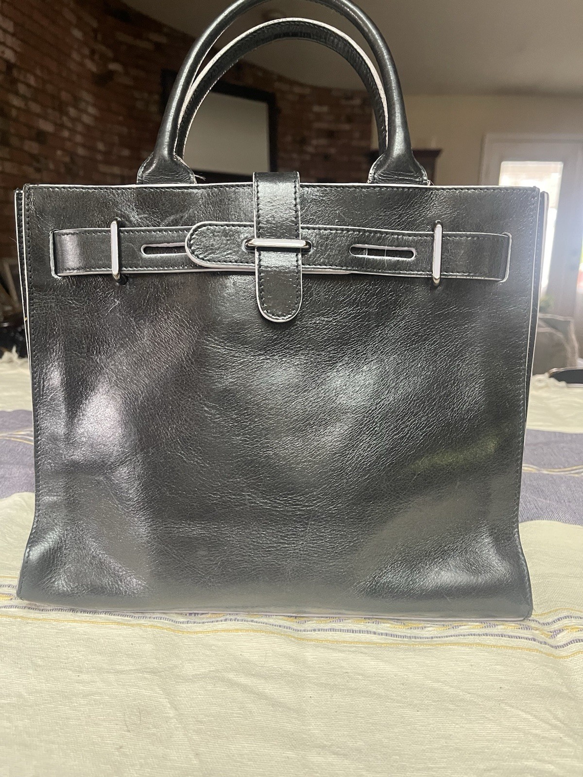Furla-Greta Tote In Black Leather Silver Toned Hardware And Belted Strap