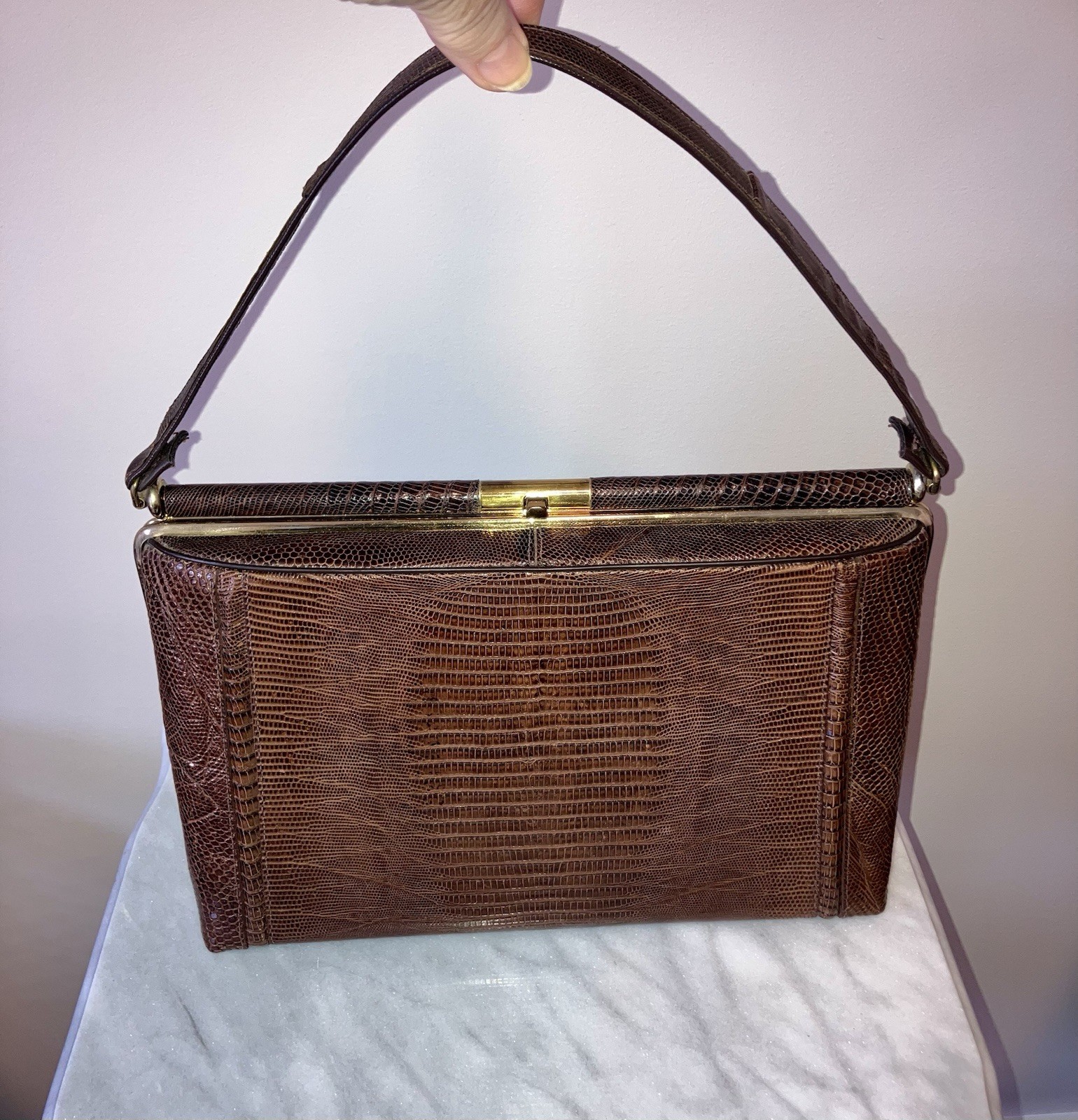 Vintage Genuine Lizard Skin Handbag 1950s Brown Top Handle Gold Frame 11x7x3 EUC