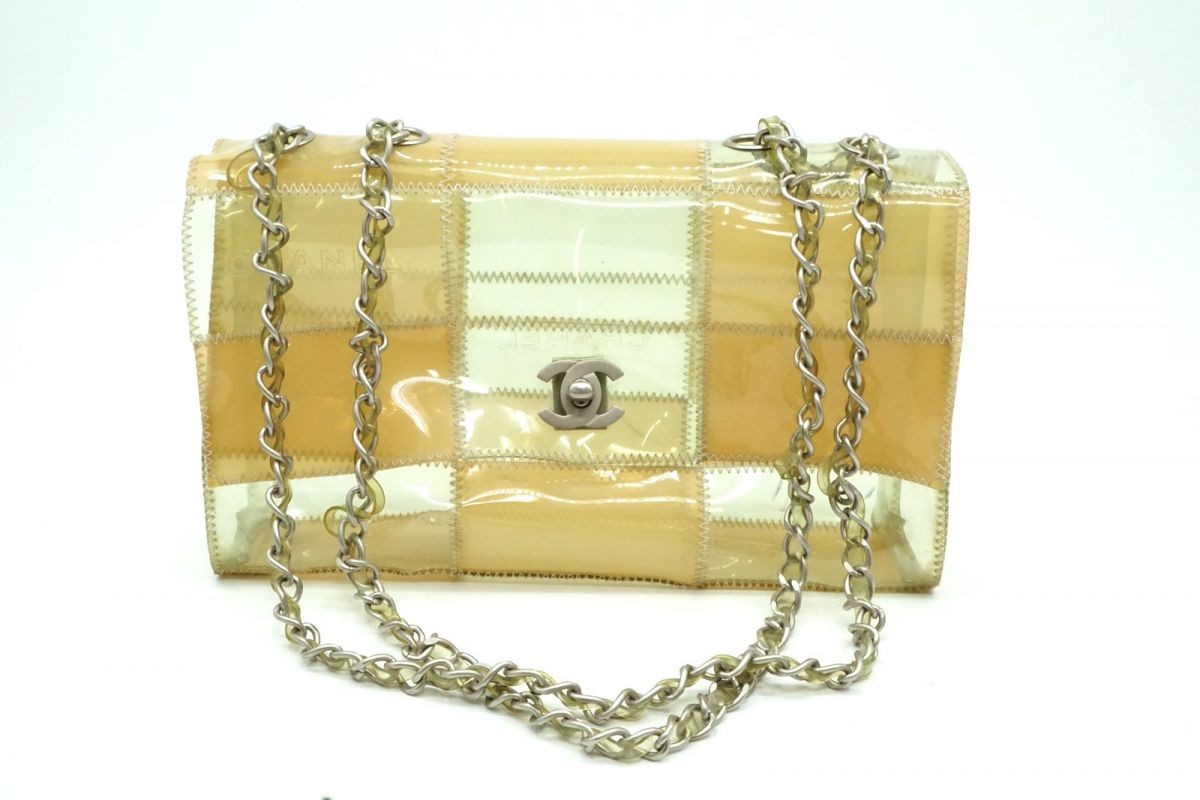 CHANEL Chocolate Bar Patchwork Chain Shoulder Bag Coco Mark Vinyl Beige 6903h