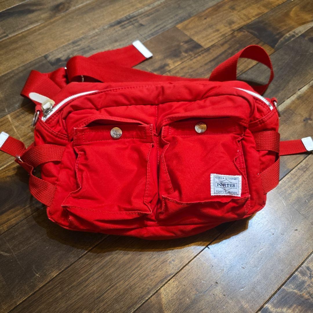 PORTER Yoshida Kaban Nylon Body Bag Waist Bag Red Orange Lining Japan Used