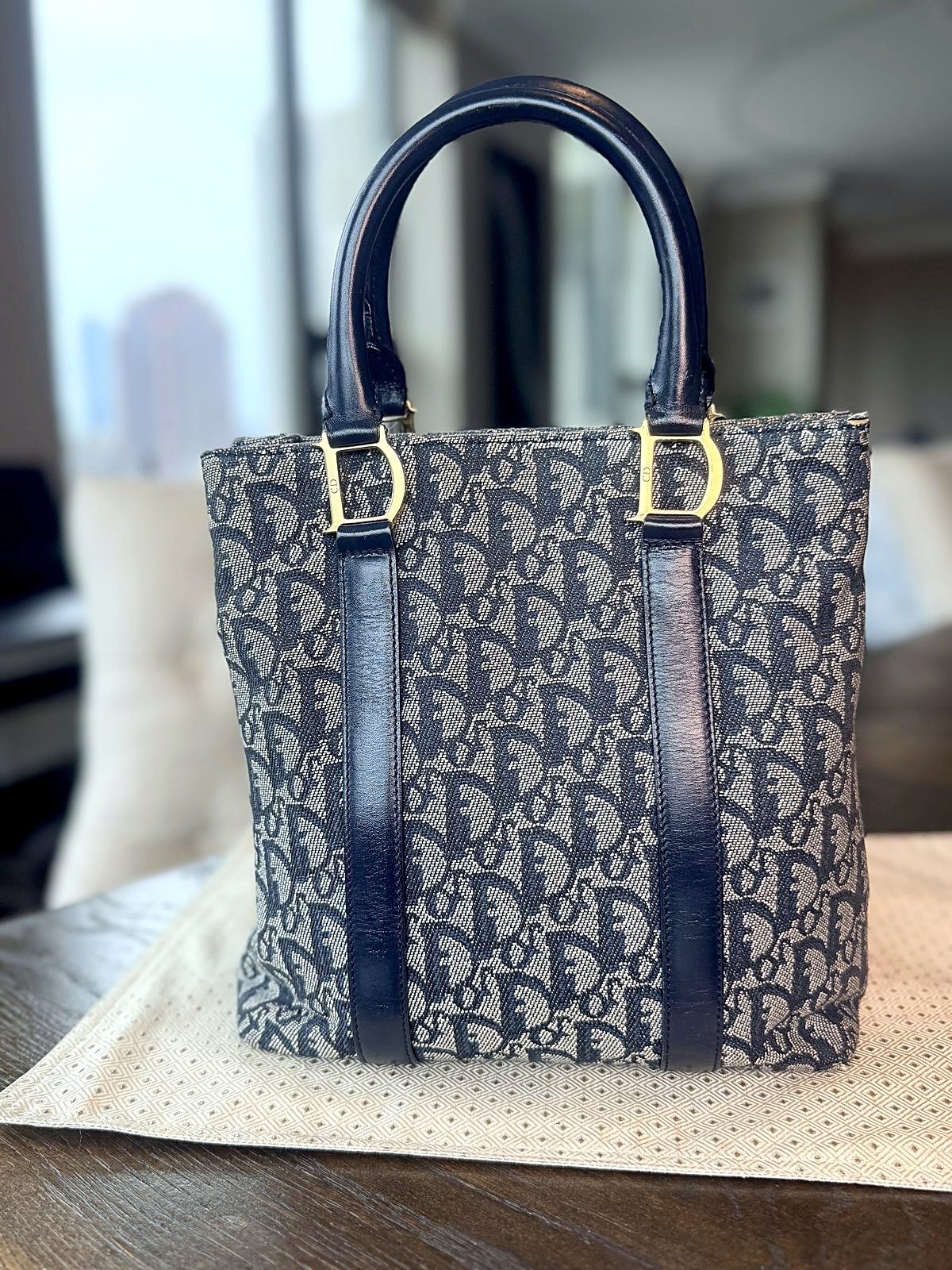 Authentic Christian Dior Navy Trotter Monogram Canvas Tote Bag Gold Hardware