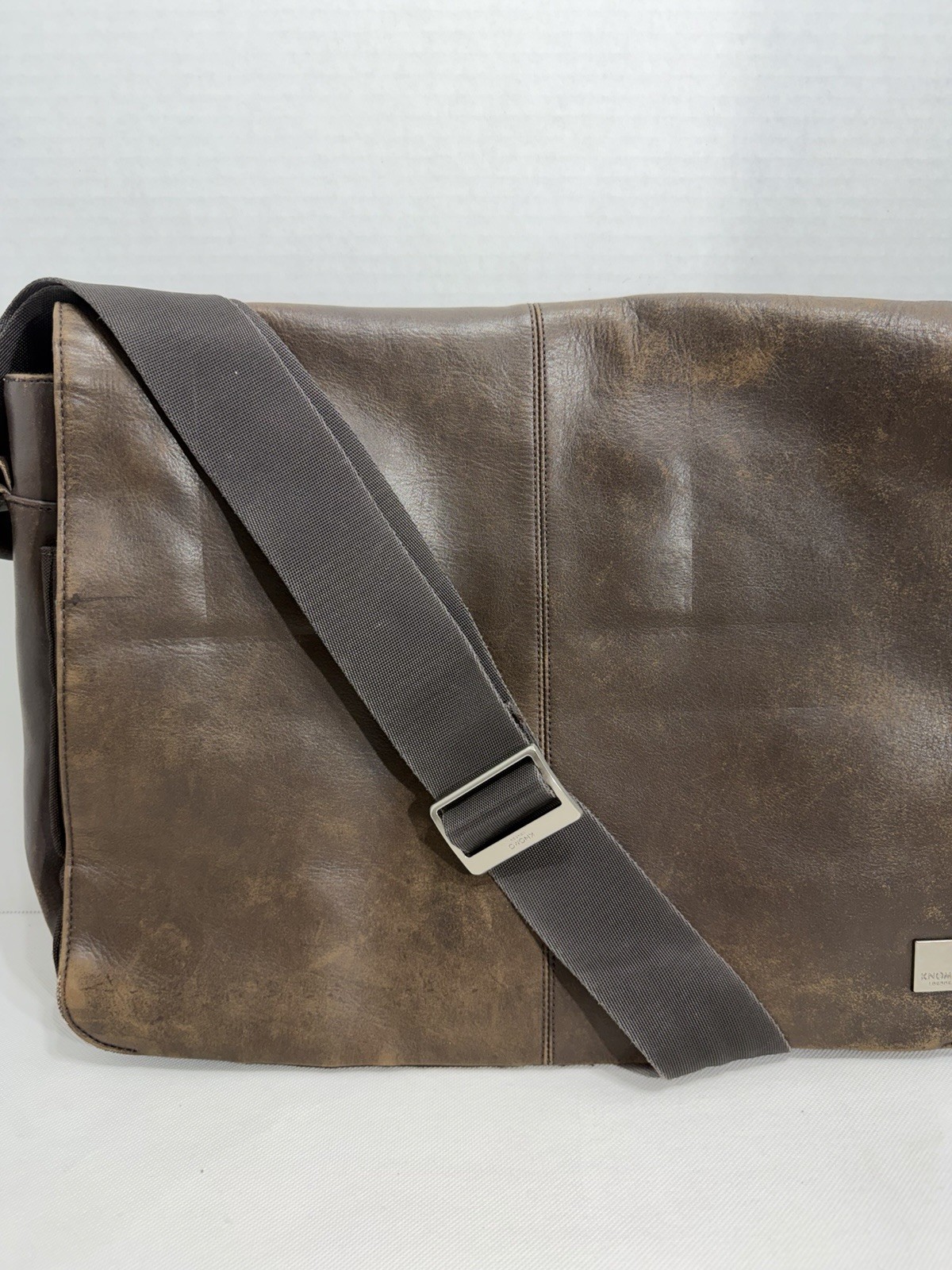 Knomo Messenger Laptop Bag 13×17 Brown Leather Adjustable Strap Crossbody
