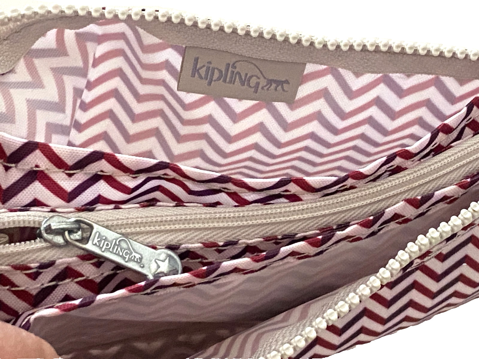 Kipling ~Zest Red Zig Zag Creativity Pouch Extra Large 3 Pocket Zipper w/ Monkey