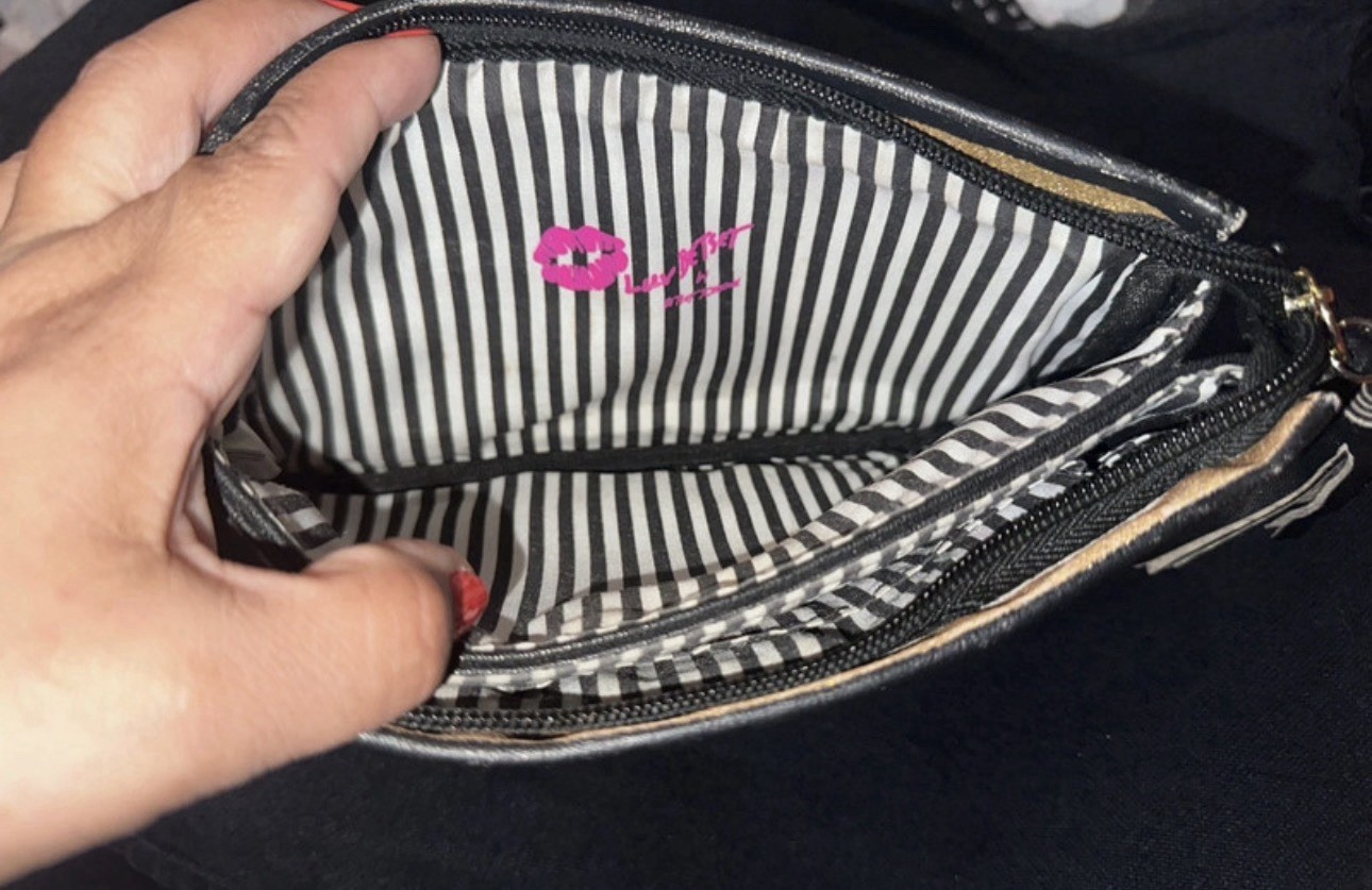 Betsey Johnson Black White Gold Glitter Zipper Wristlet Strap Bag