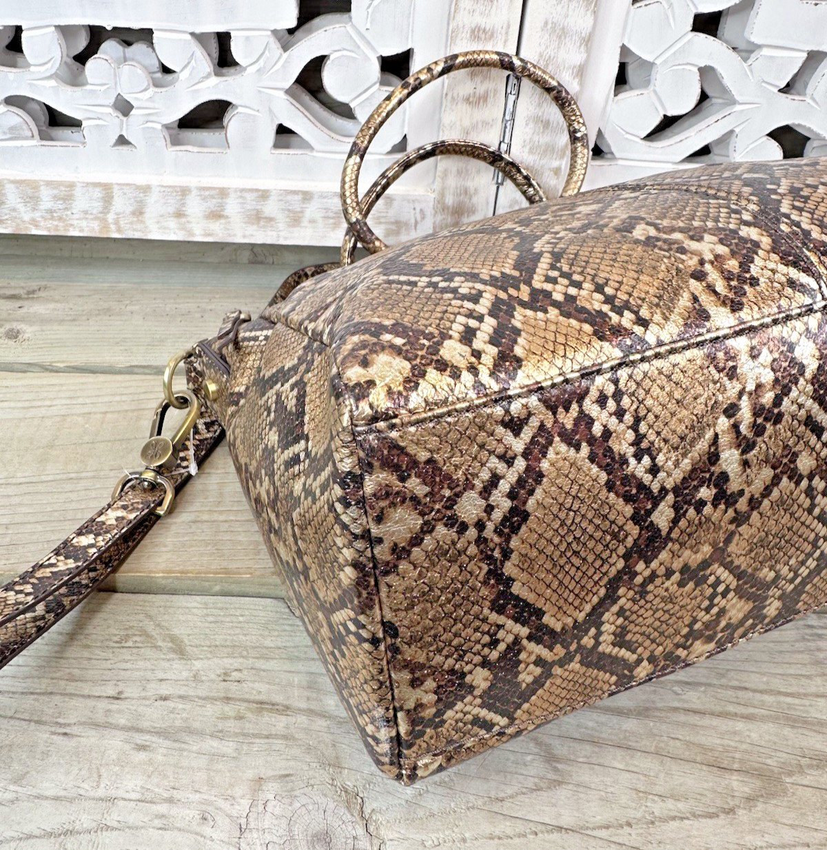 HOBO INTERNATIONAL Sheila Medium Satchel Crossbody Metallic Golden Snake Leather
