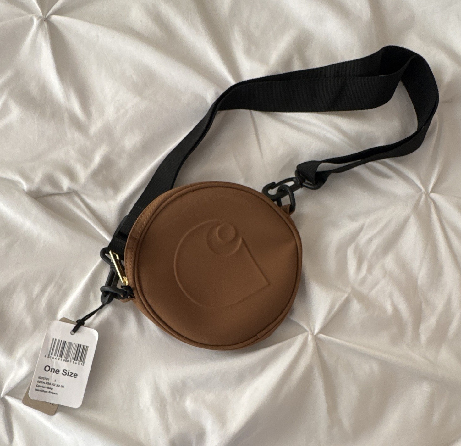 Carhartt Brown Round Logo Crossbody Bag Zip Closure Black Strap Gold Hardware