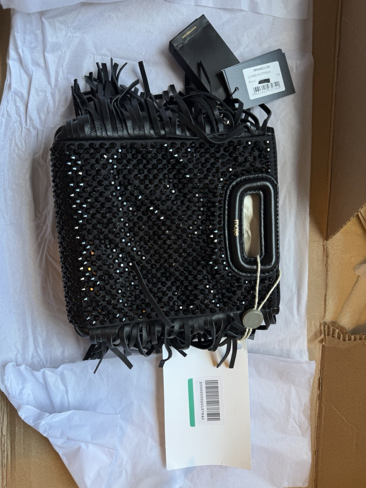 Maje Black Small Crossbody Bag Beaded Fringe Rhinestone Silver Chain Zip