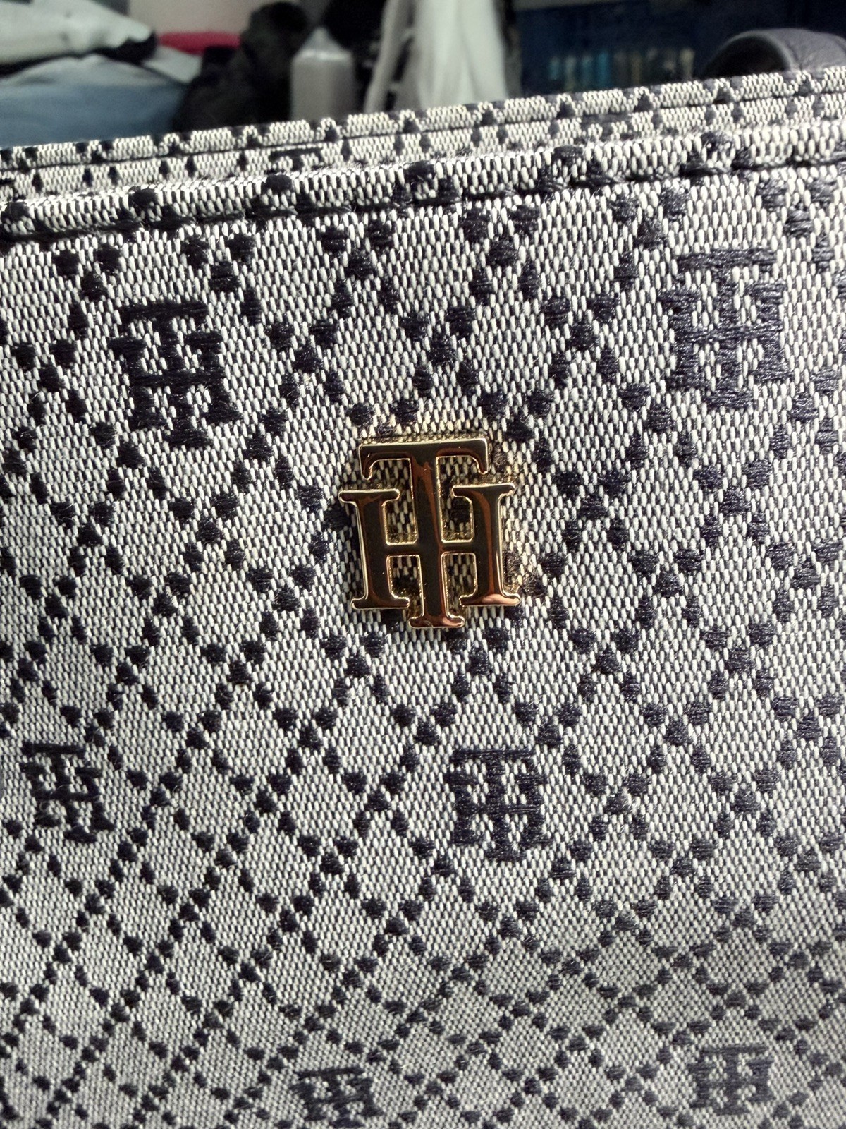 Tommy Hilfilger Tote Bag- Blue / Gray- Gold Emblem- Zipper Top/Inner Pocket