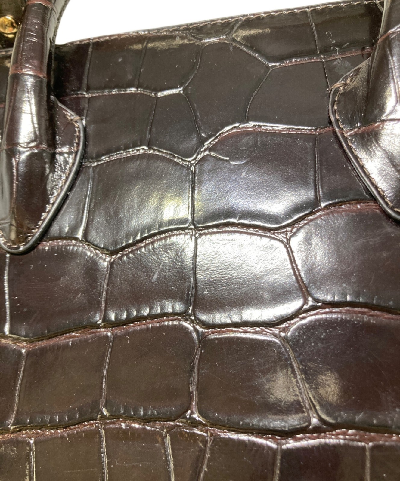 Strathberry 112501 Croc Embossed Metal Top Bar Closure Midi Tote Brown Spain