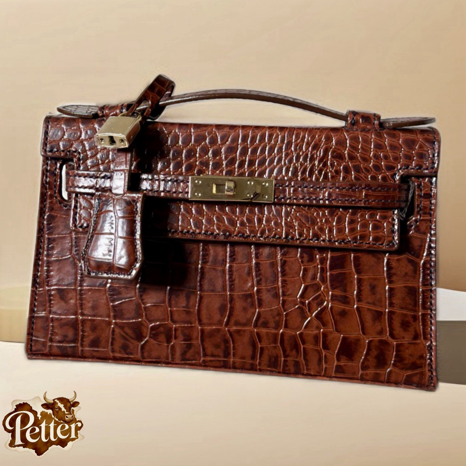 Petter Brown Croc Pattern Top Handle Satchel Turn Lock w/ Lock & Key Tag