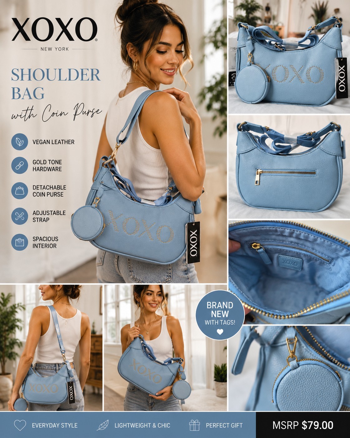 XOXO Light Blue Vegan Leather Studded Shoulder Bag w Coin Purse NWT Gold Tone