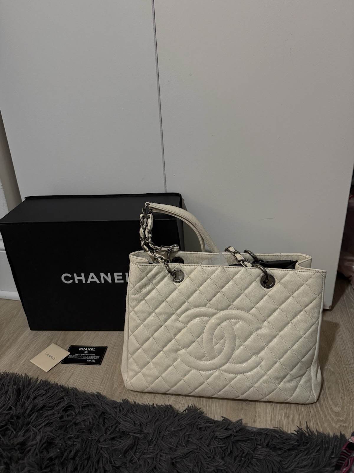 CHANEL white grand shopping tote GST