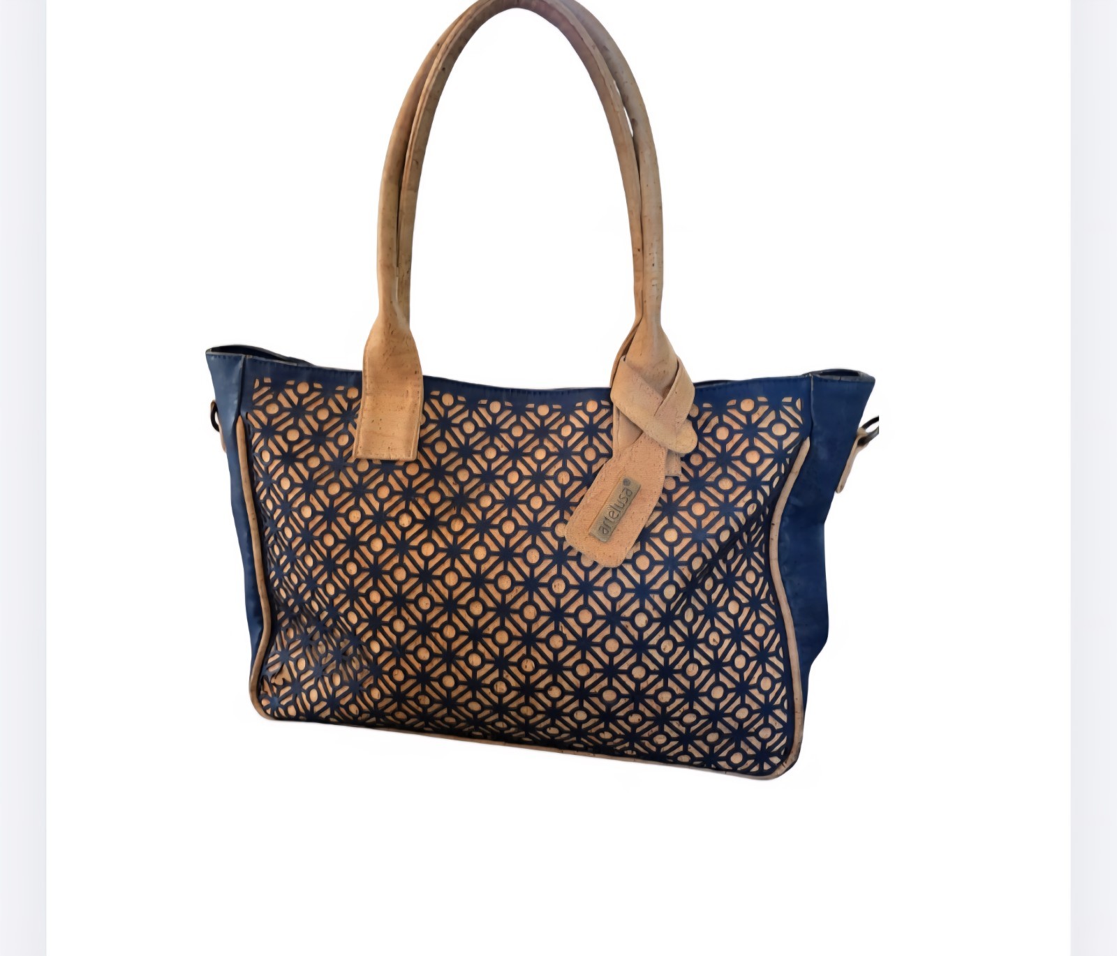 ARTEL USA Bag Natural Cork Satchel Shoulder Purse Portugal Navy & Camel Vegan