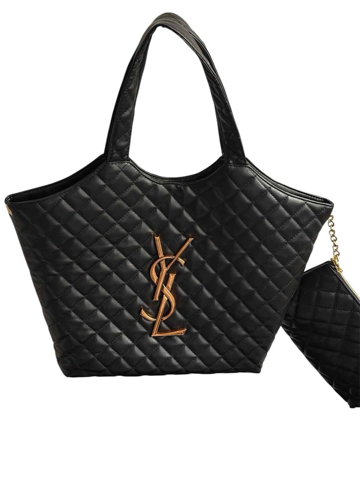 Saint Laurent Black Quilted Logo Tote Zip Closure Double Handles w/ Pouch