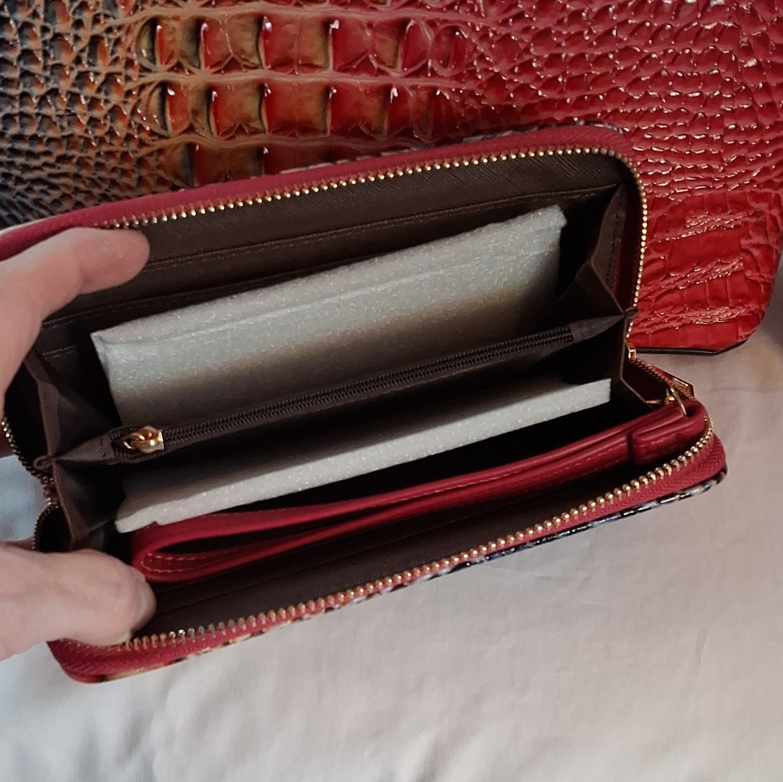 2 Pc Set Women’s Croc Embossed Colorblock Satchel Top Handle Detach Strap Wallet
