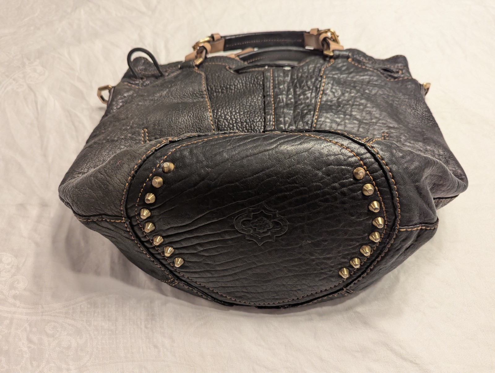 DR YANY Designer Purse Double Strap Gold Studded Black Patent Leather