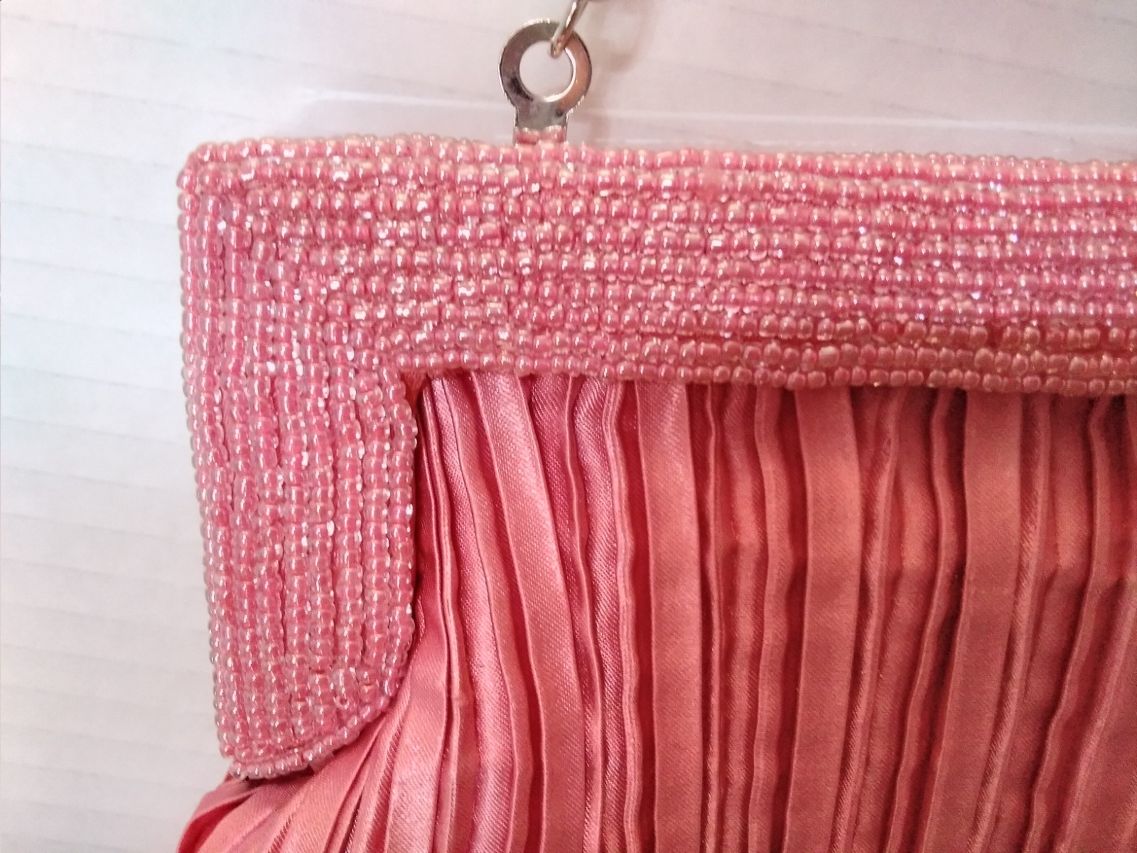 Vintage Pink Silky Beaded Evening Clutch Frame Purse Chain Strap