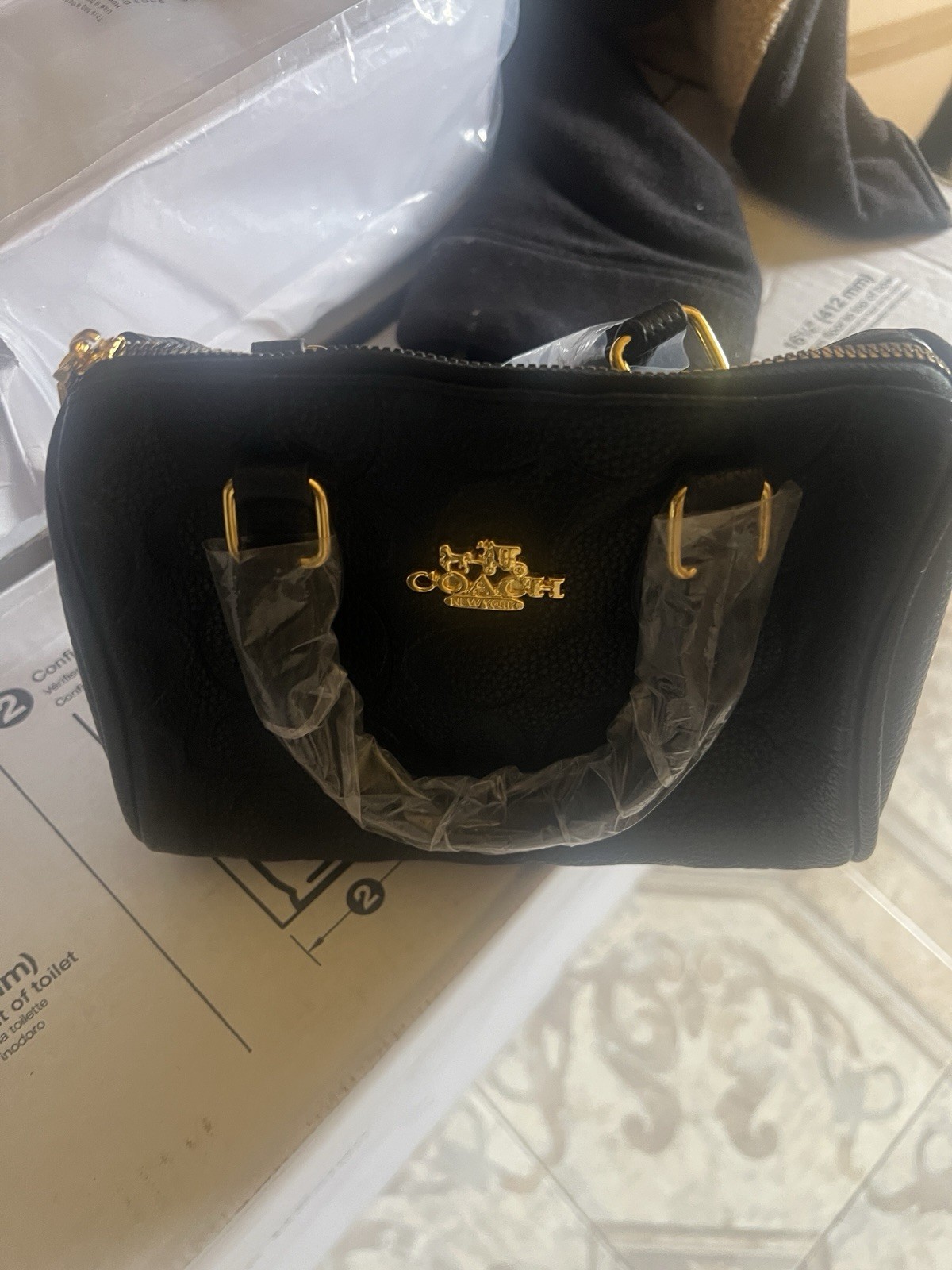 Coach Black Pebbled Small Satchel Top Handle Zip, Detachable Strap Gold
