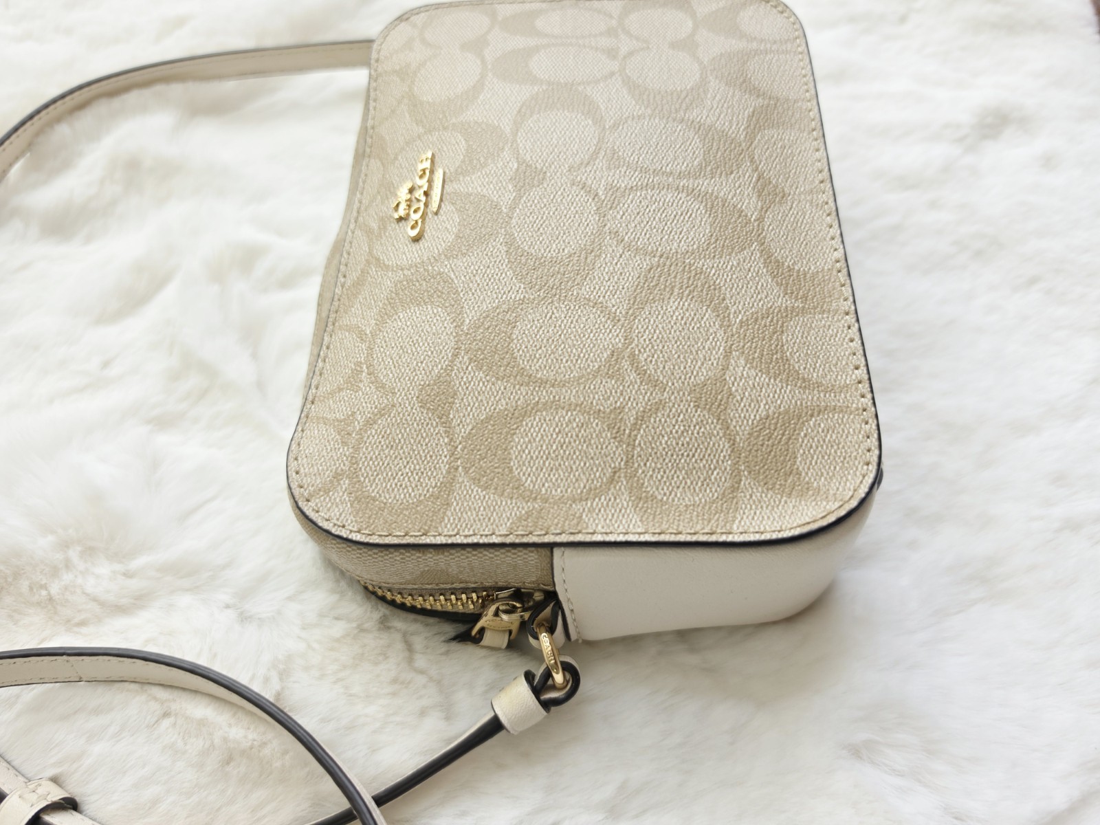 Coach Jamie White Khaki Brown Leather Signature Camera Bag Crossbody Gold HW