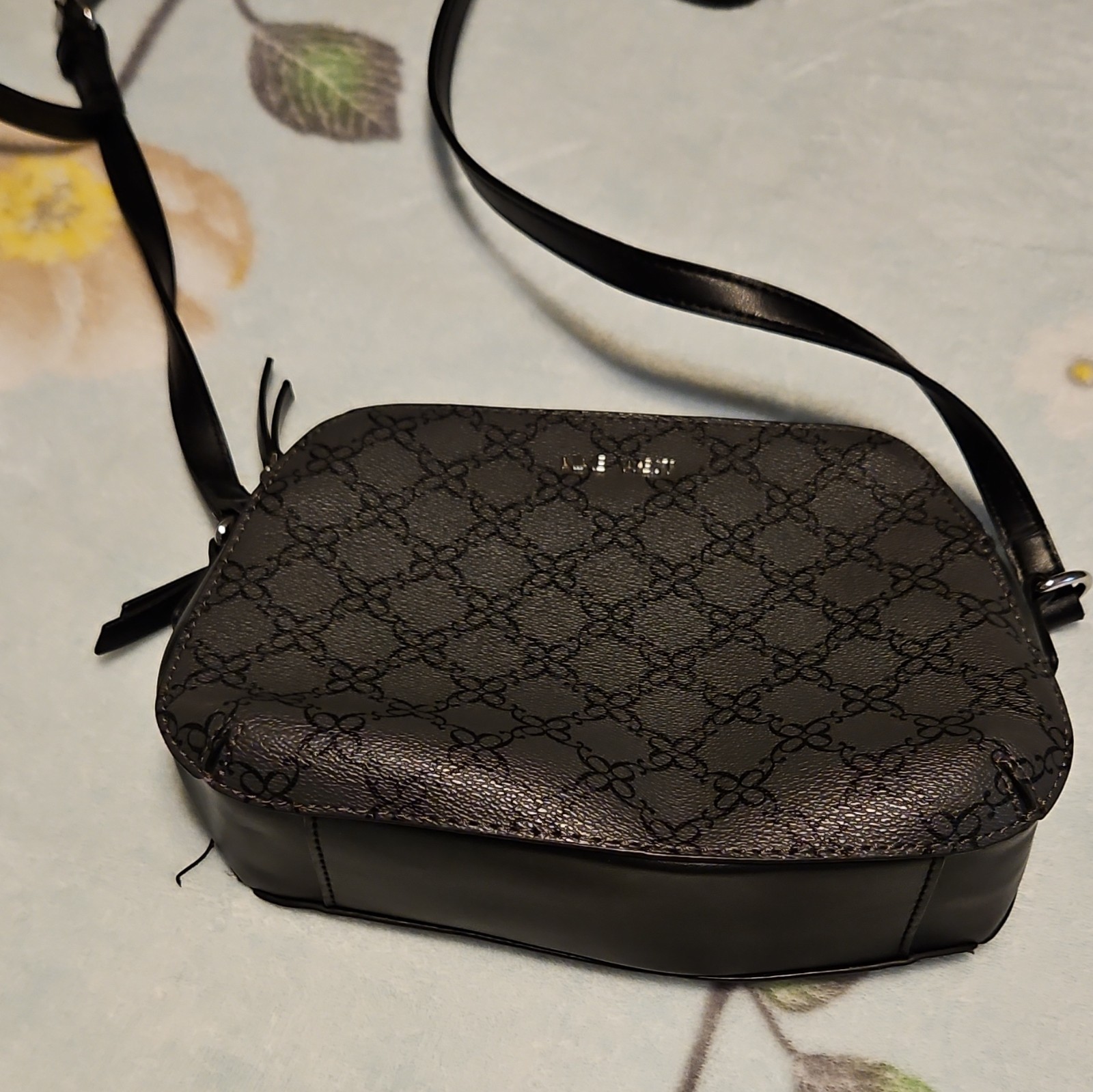 Women’s Small Black Logo Print Crossbody Bag Double Zip Silver Hardware Matte