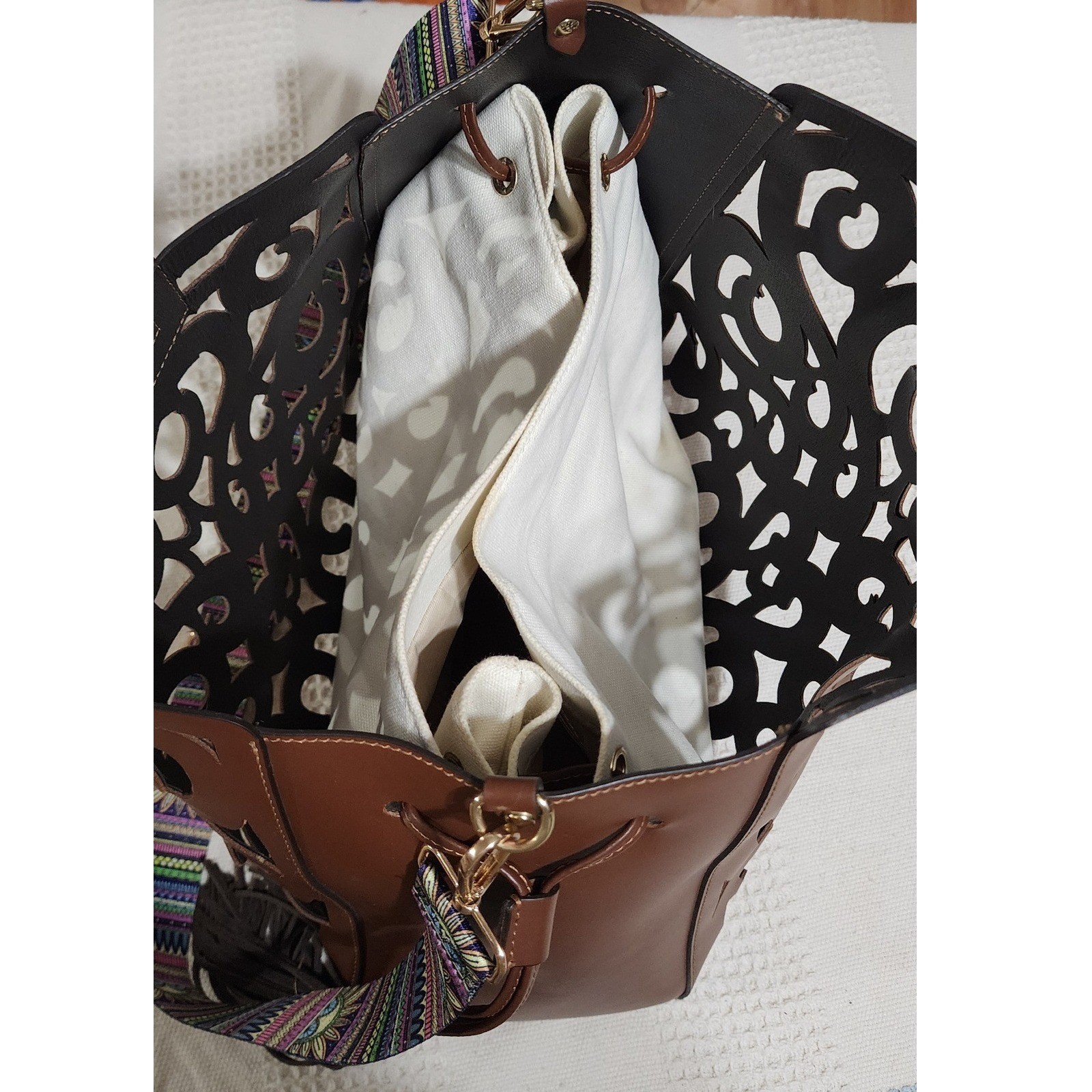 A. Bellucci Italy Brown Leather Laser Cut Tote Bag Guitar Strap Tassel Handbag