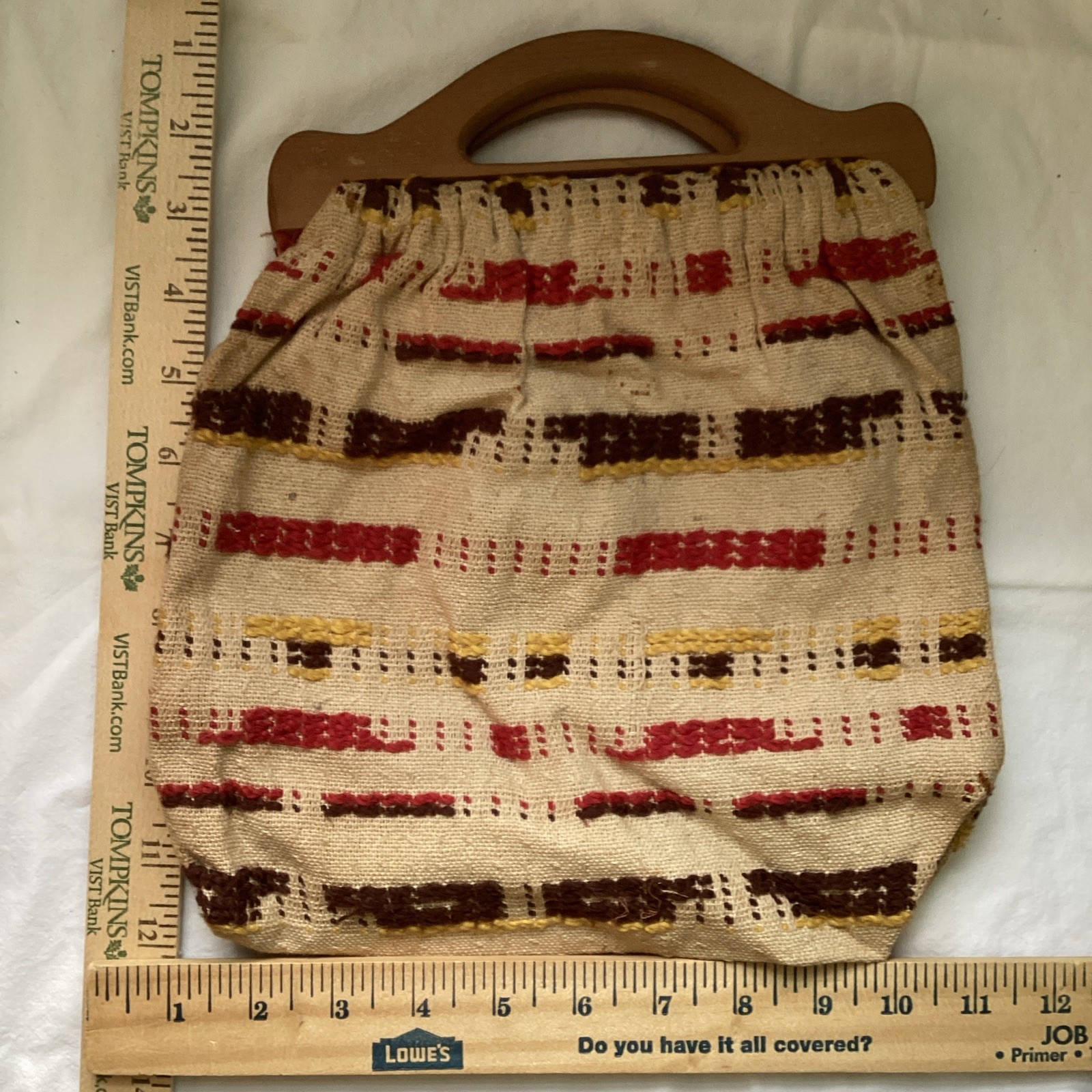 Vintage Striped Top Handle Bag Beige Red Brown Yellow with Wooden Handles