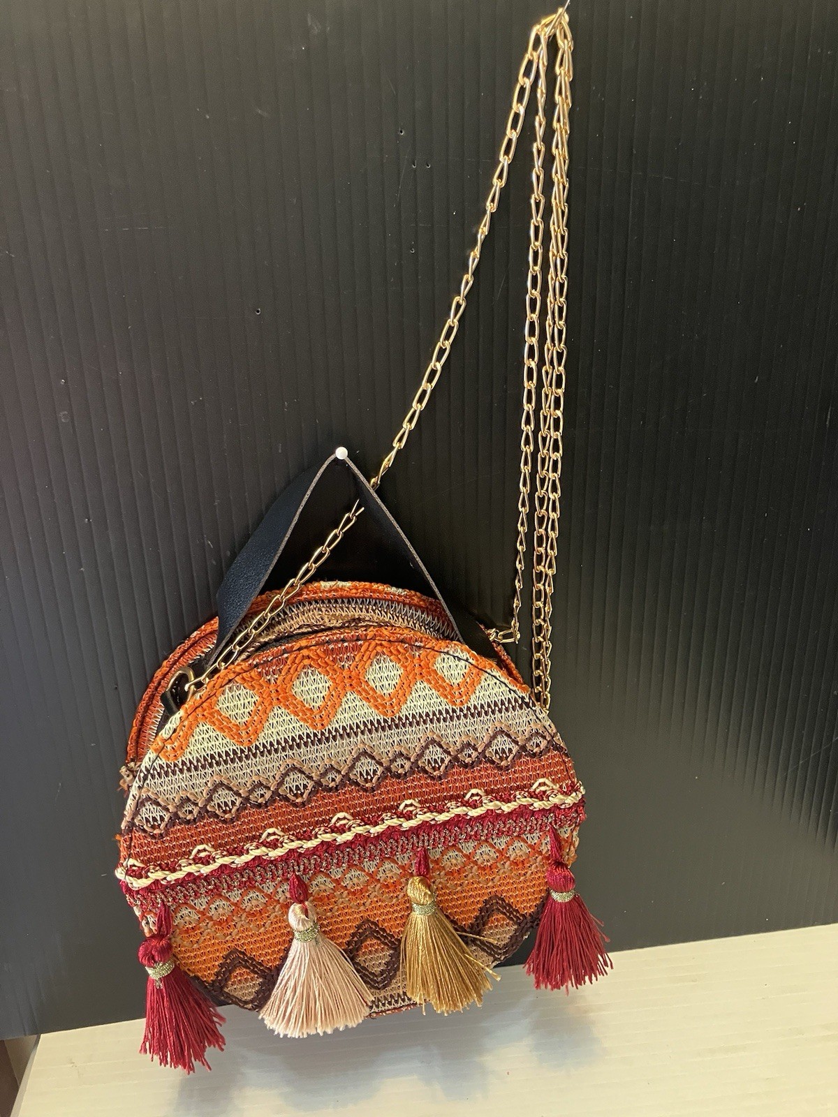 New Embroidered Crossbody Hat Box Bag Tassel Boho Purse Clutch Strap & Chain