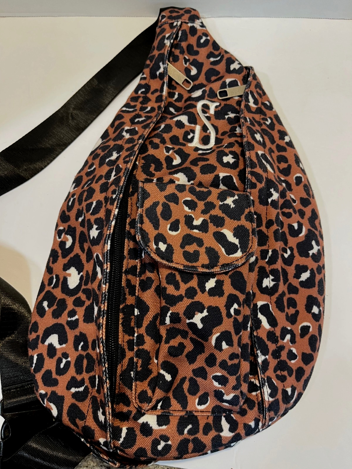 Marley Lilly Sling Bag Monogrammed ‘S’ Leopard Print Tote Adjustable 42” Strap