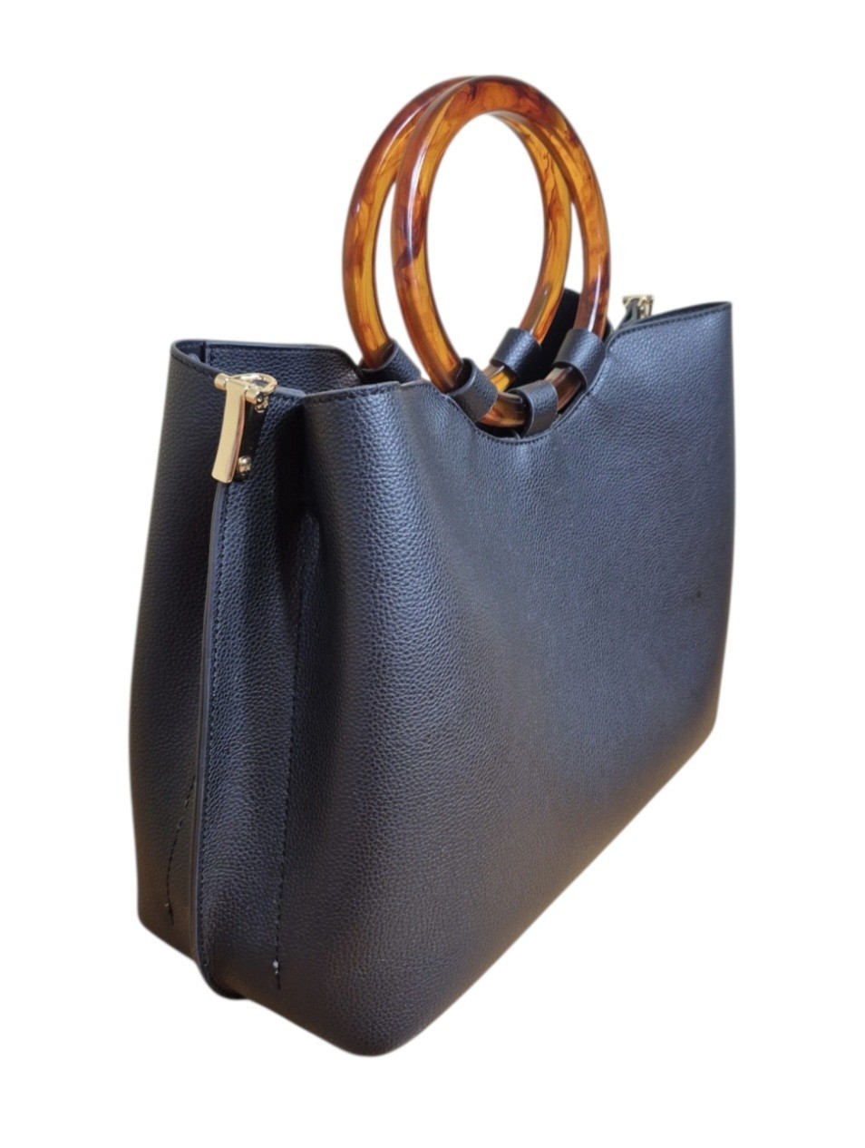 Black Solid Handheld Bag with Tortoise Shell Handles