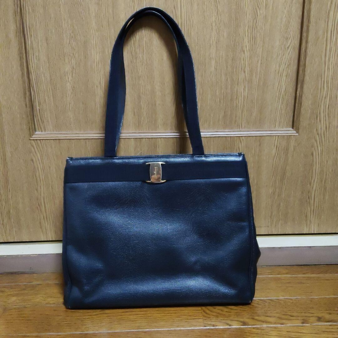 Salvatore Ferragamo Vara Ribbon Navy Leather Tote Bag Shoulder Vintage Italy