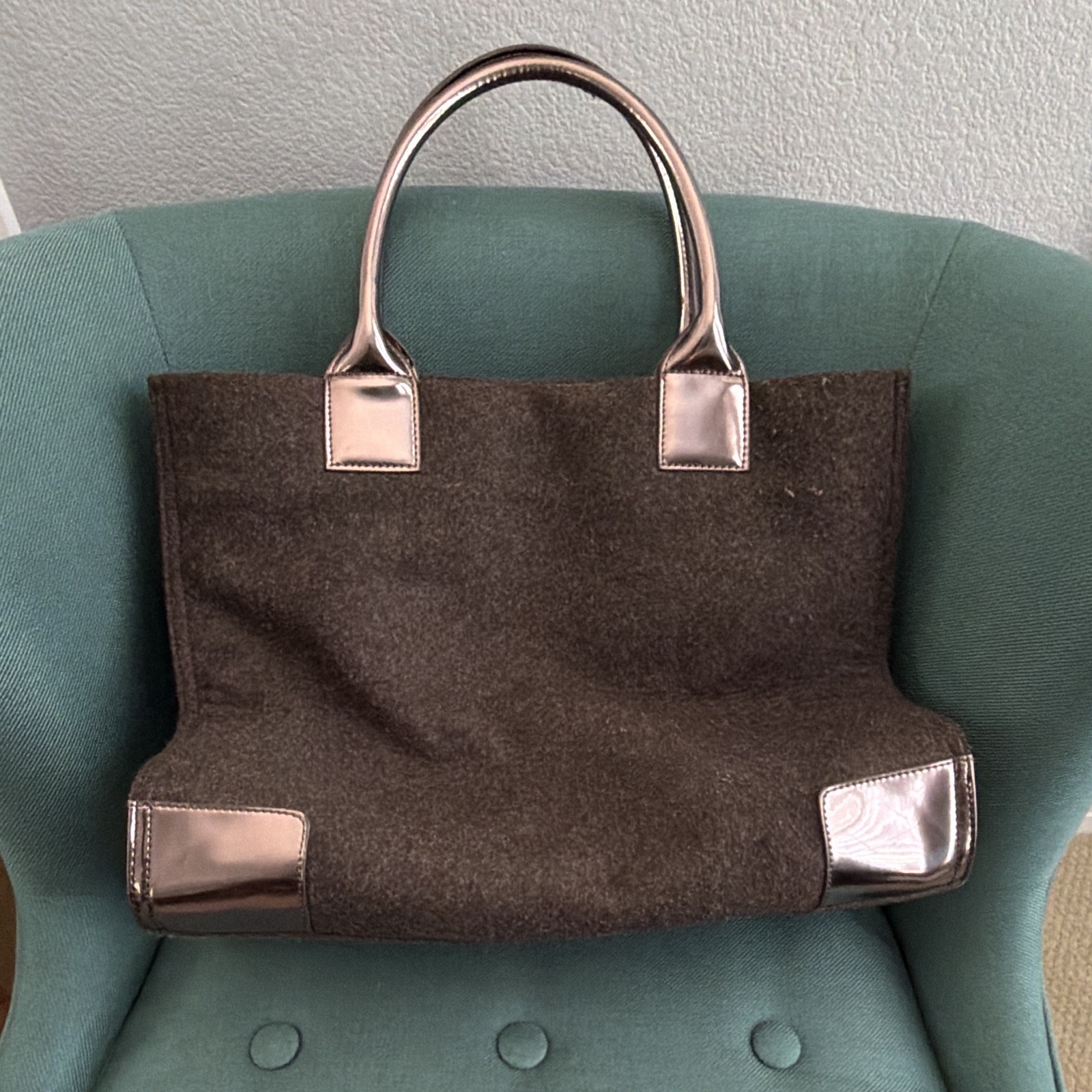 Tory Burch Grey Large Ella Tote Bag Metallic Logo Bronze