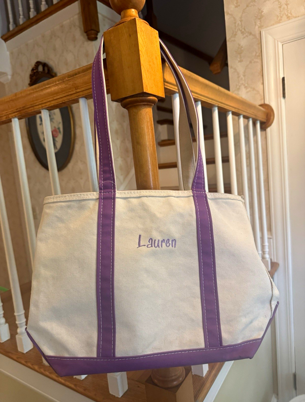 L.L. Bean Boat and Tote Bag RETIRED Beige/Purple Trim – Medium, Long Handles