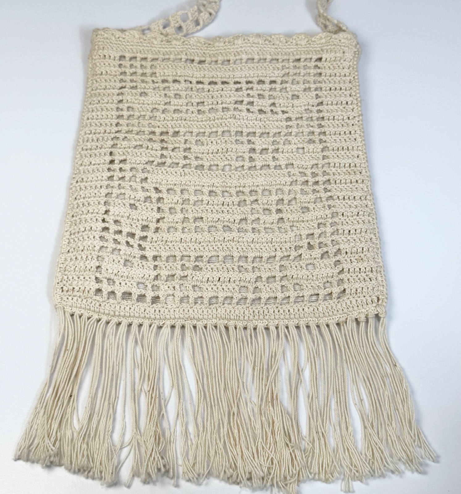 Boho Crochet Fringe Crossbody Bag Cream Beige Knit Festival Shoulder Purse