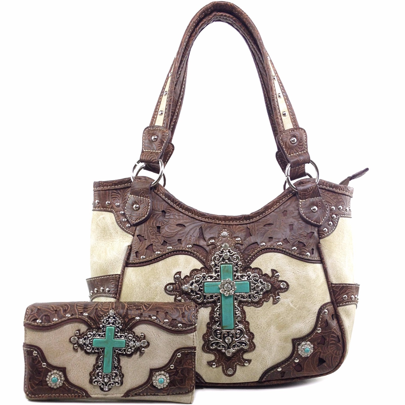 Justin West Turquoise Rhinestone Cross Concho Shoulder Handbag Purse Set
